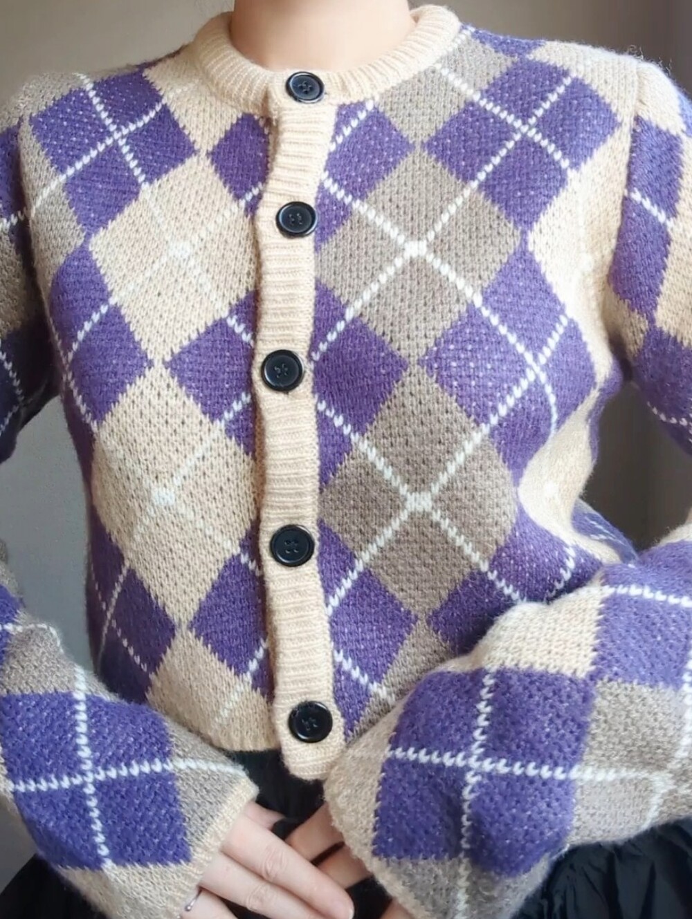 Cream & Purple Argyle Button-Up Women's Sweater Cardigan